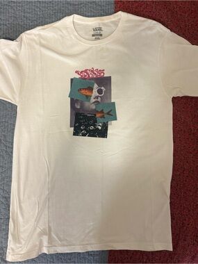 Vans Men’s White Short Sleeve Tee with Fish Collage Graphic